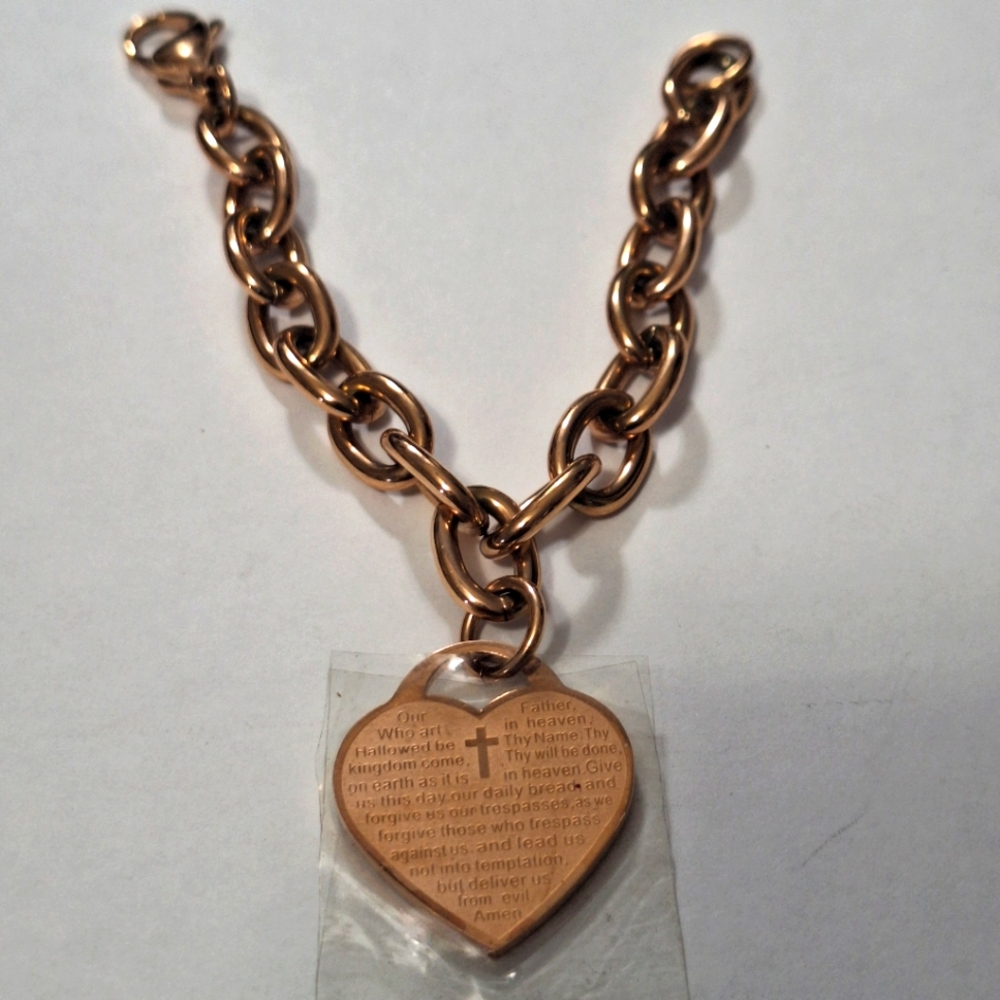 Edforce Coppertone SS "Lord's Prayer" Heart Pendant Bracelet.